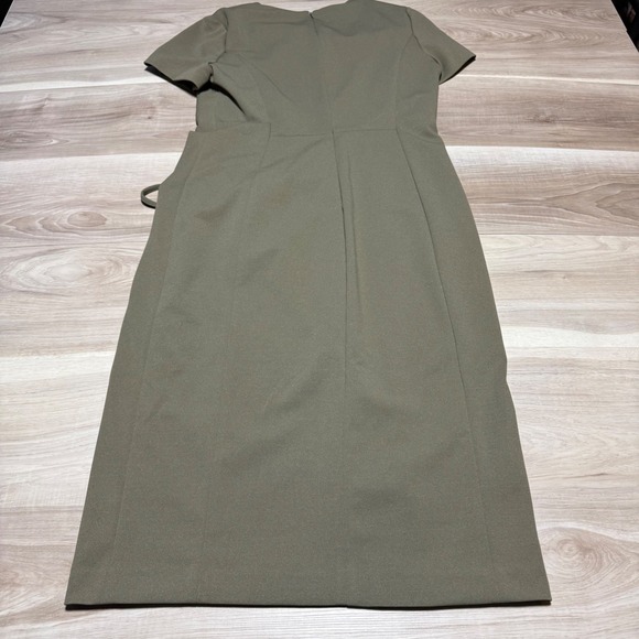 Calvin Klein Sheath Dress Women 10 Olive Green Ruched Side Drawstring Crepe Midi - Picture 2 of 12
